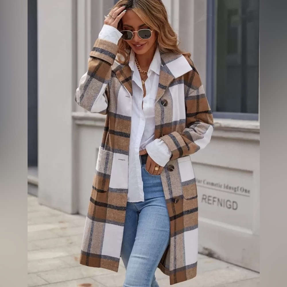 SHEIN Plaid Dual Pocket Single Breasted Button Up Coat Jacket